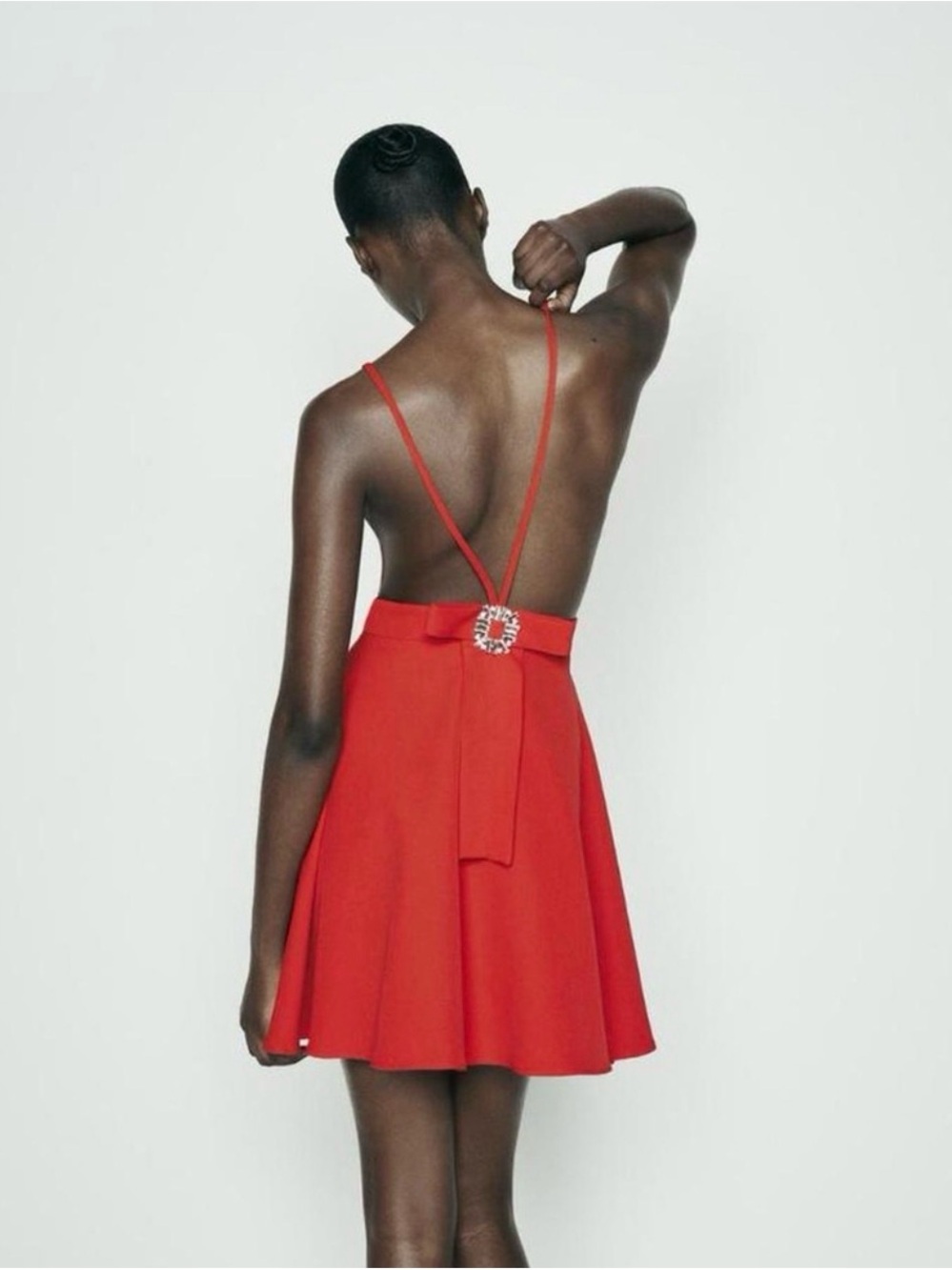 Zara Red Open-Back Mini Dress with Embellished Waist Buckle